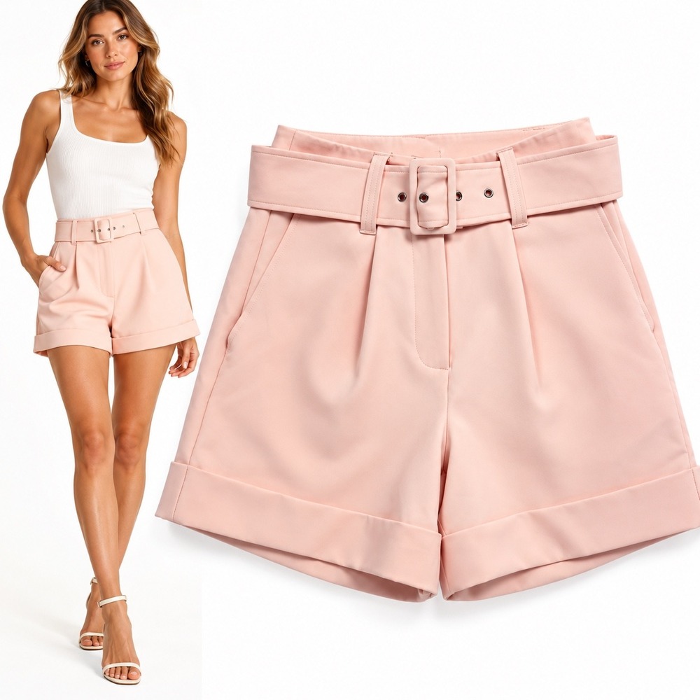 GUESS Diane Shorts XS Calm Pink Belted High Rise Pleated Cuffed Women NWT